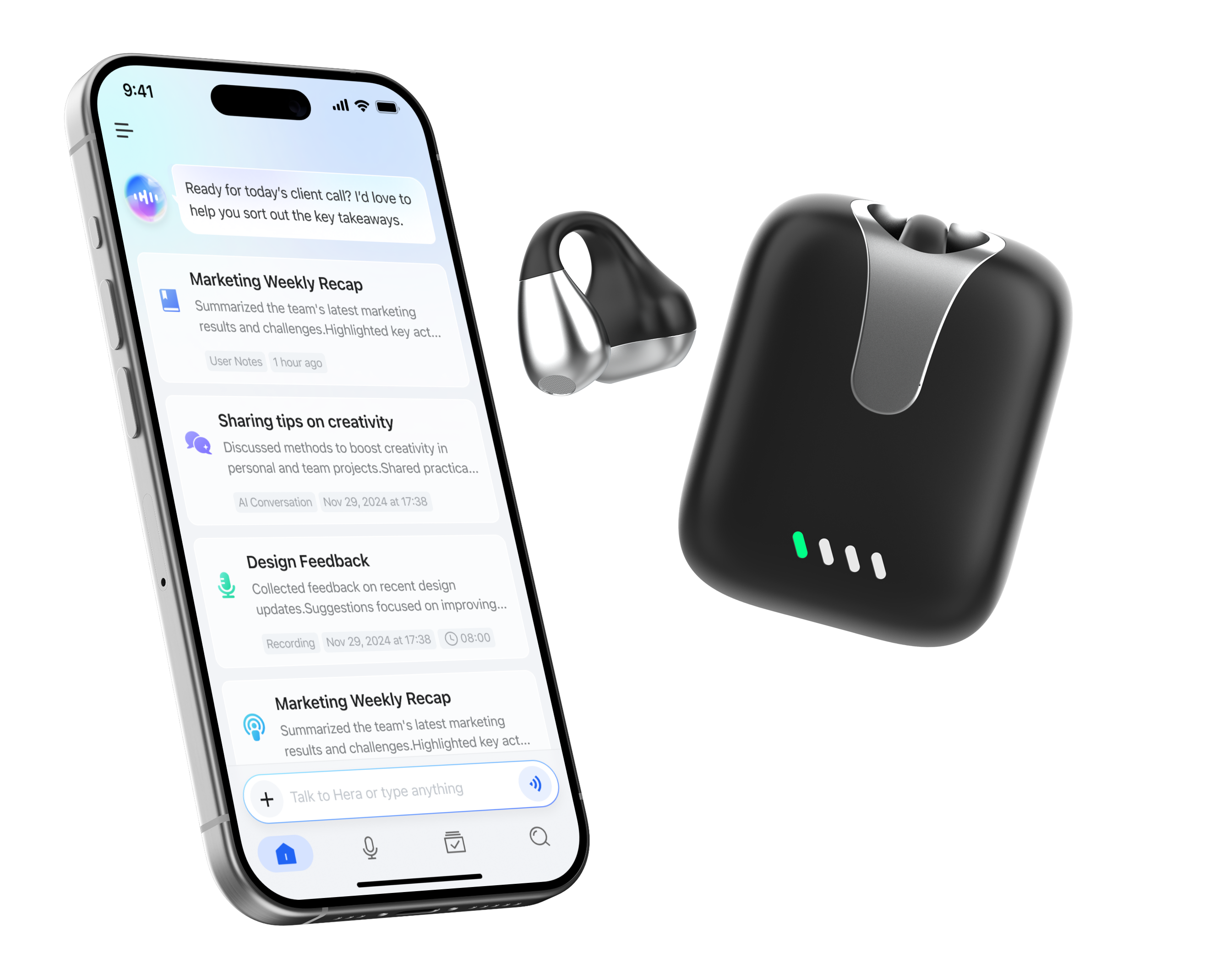 Hera AI wearable device and app interface